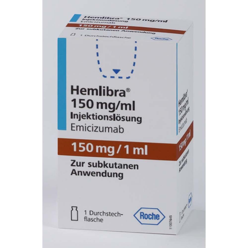 Verpackung von Hemlibra 150 mg/ml Injektionslösung. Aufschrift: 150 mg/1 ml, Emicizumab, Roche Logo.