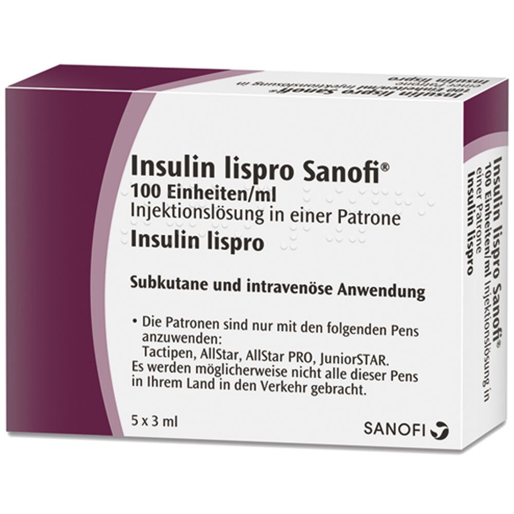 Karton mit Aufschrift Insulin lispro Sanofi, 100 Einheiten/ml. 5x3 ml. Subkutane Anwendung. Sanofi Logo.