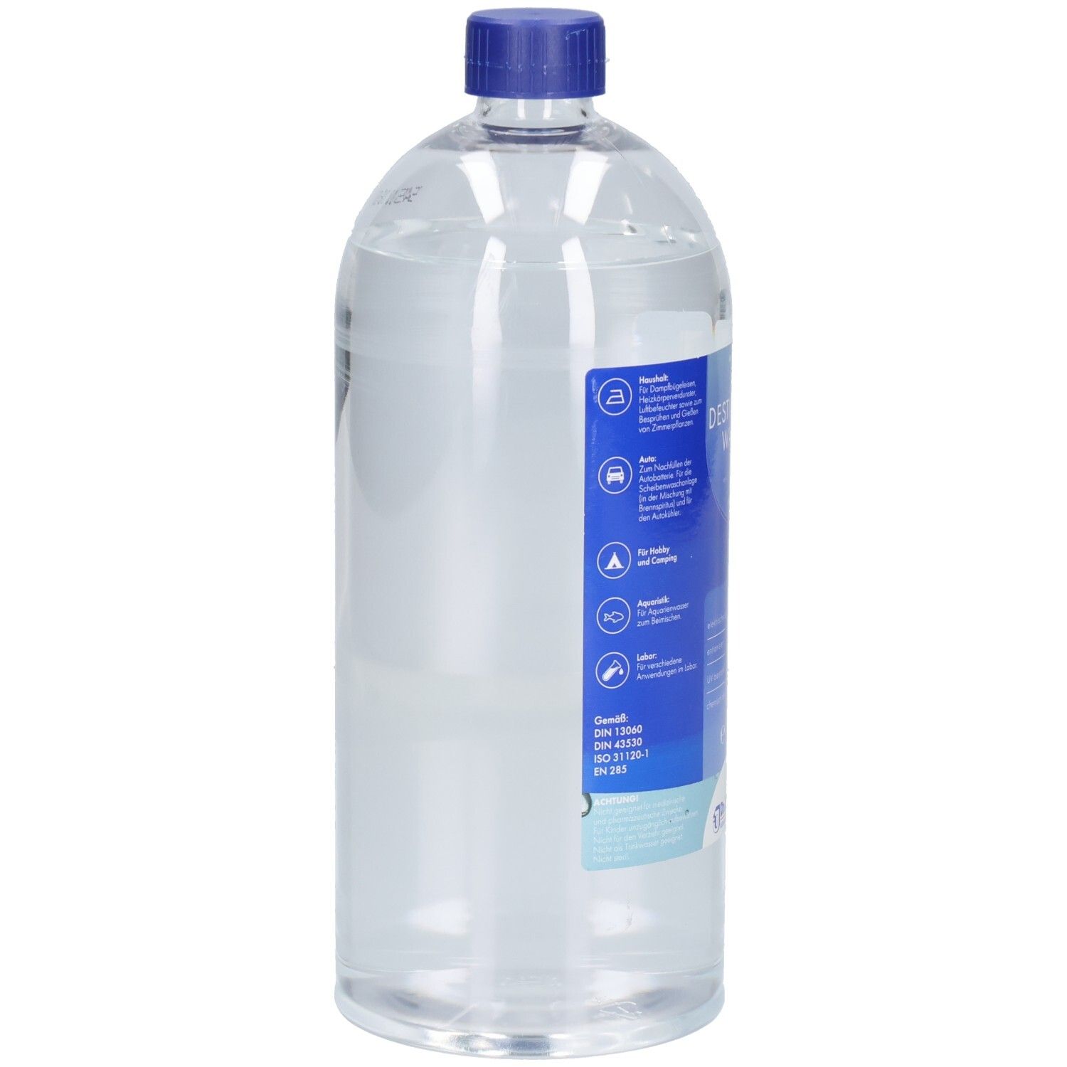 Rückseite einer 1000 ml Flasche Dr. Junghans Destilliertes Wasser mit blauem Deckel.