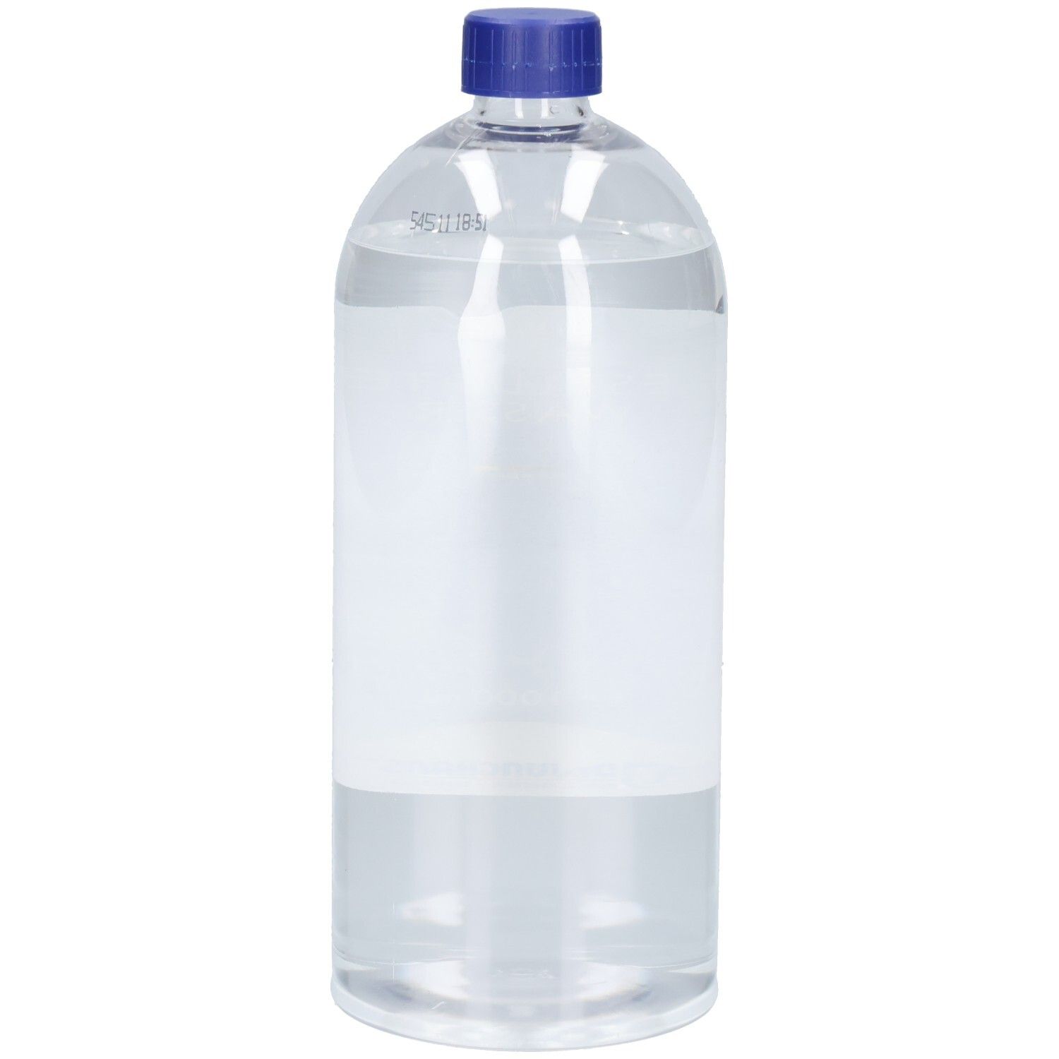 Klare 1000 ml Flasche Dr. Junghans Destilliertes Wasser, Ansicht von der Seite.