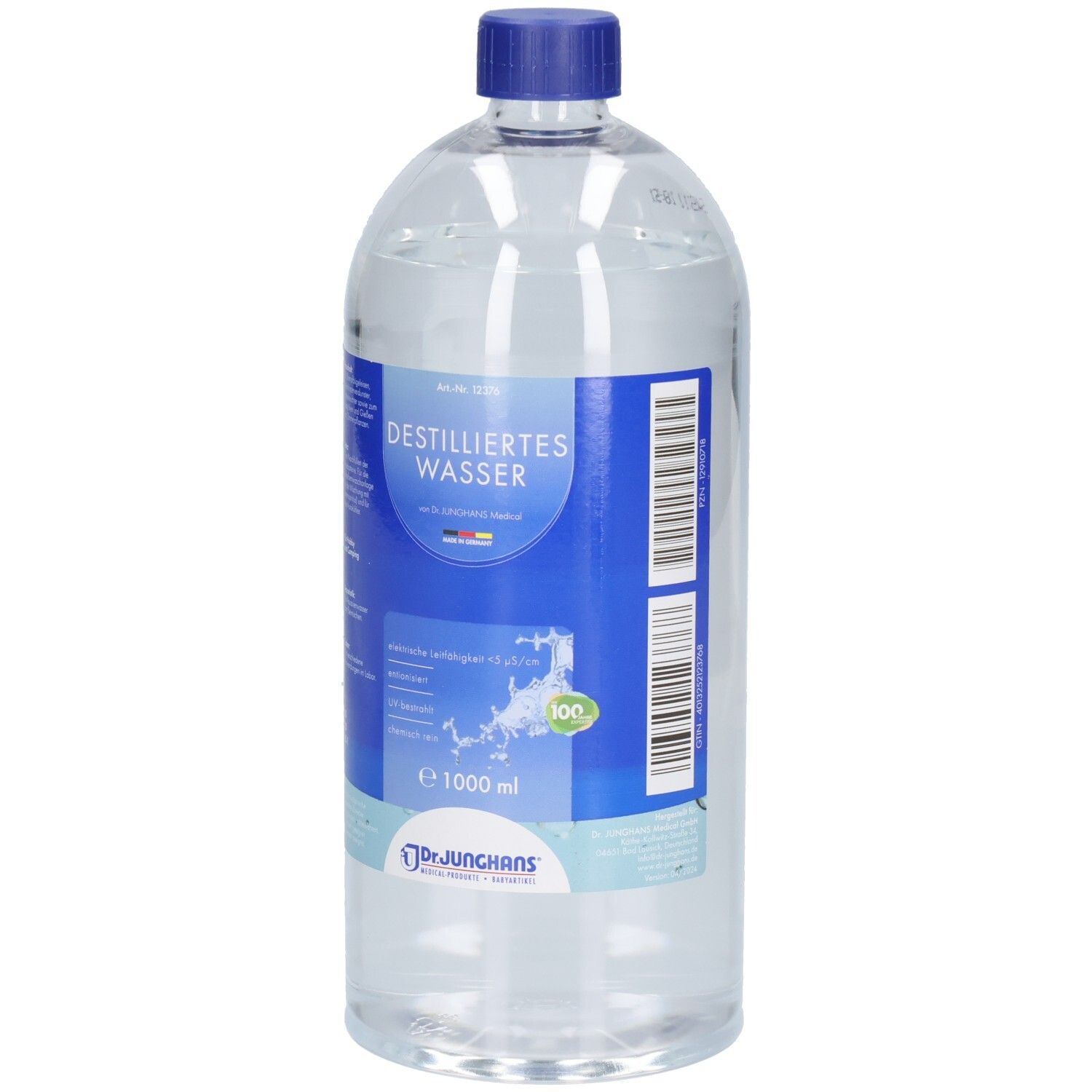 Dr. Junghans Destilliertes Wasser, 1000 ml Flasche mit blauem Deckel und Etikett.