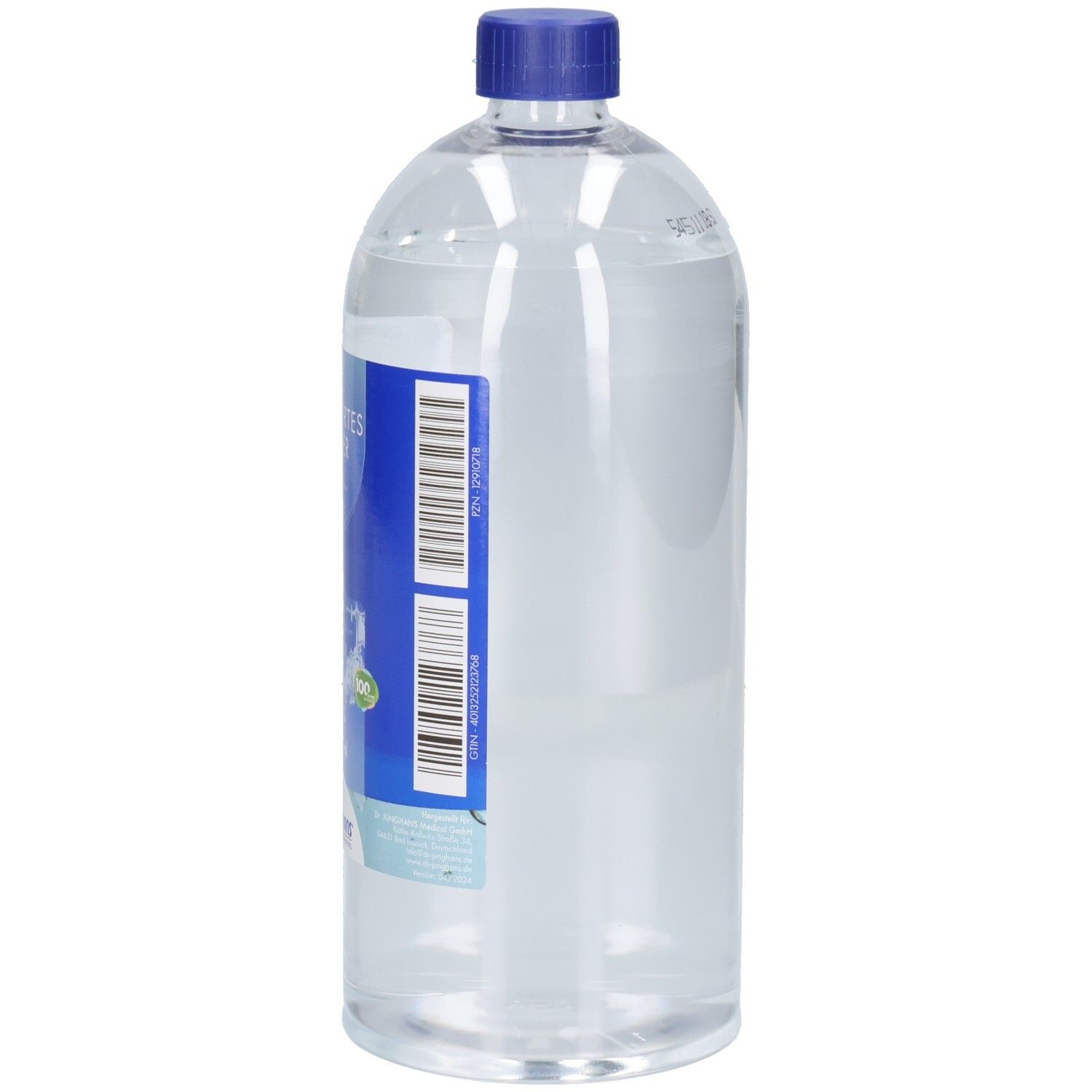 Seite einer 1000 ml Flasche Dr. Junghans Destilliertes Wasser mit blauem Deckel.