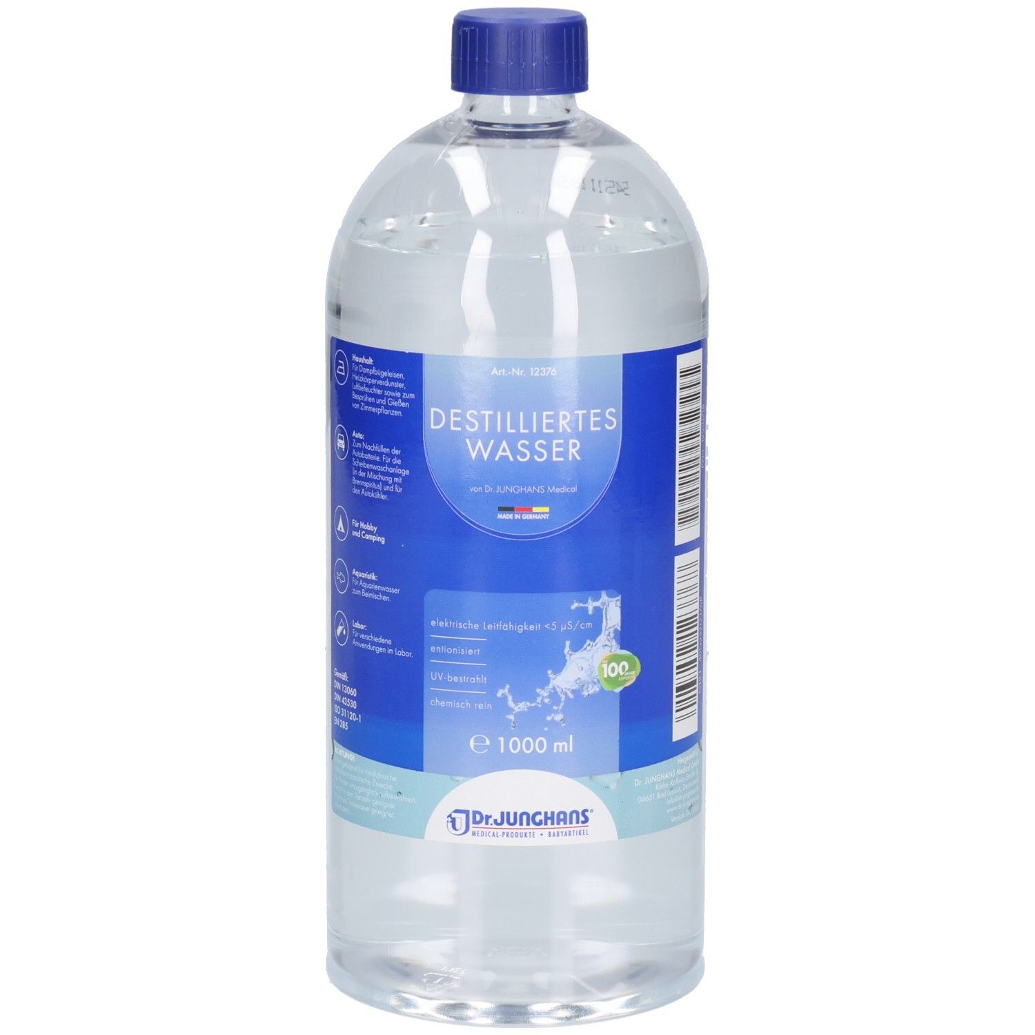 Dr. Junghans Destilliertes Wasser, 1000 ml Flasche mit blauem Deckel, Vorderansicht.