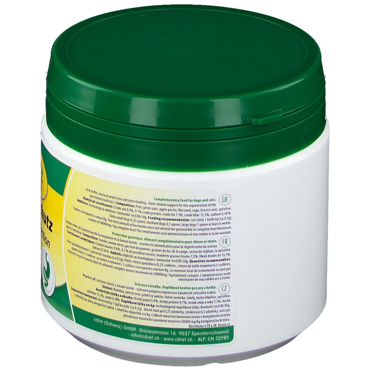 Weißer Behälter mit grünem Deckel. Rückseite mit Text in mehreren Sprachen. Aufschrift: Ergänzungsfuttermittel für Hunde und Katzen.