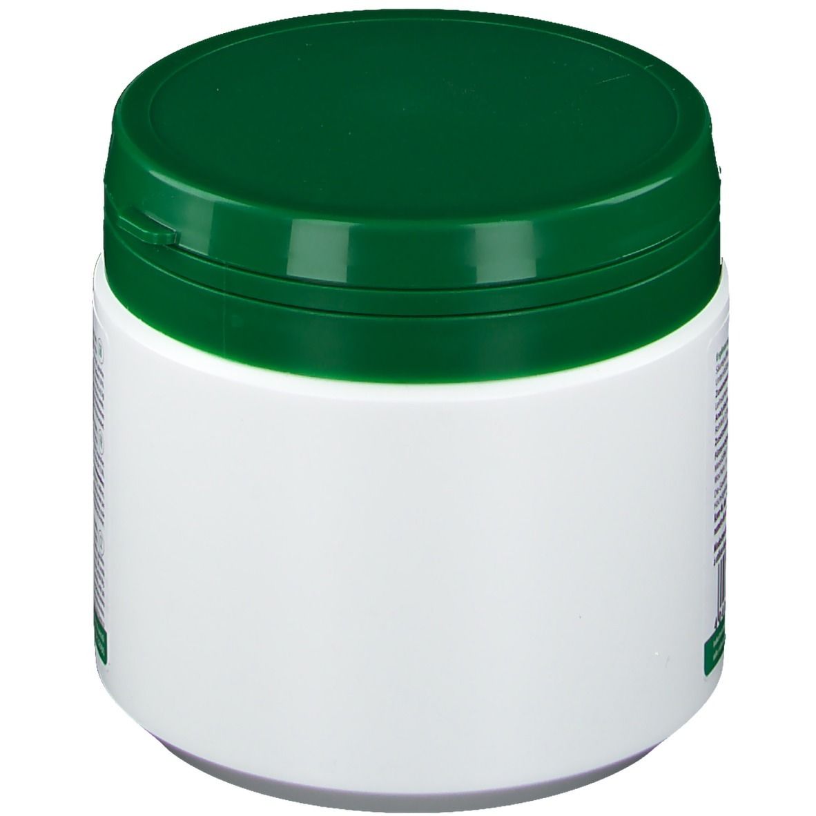 Weißer Behälter mit grünem Deckel. Leere Seitenfläche. Kleiner grüner Aufkleber.