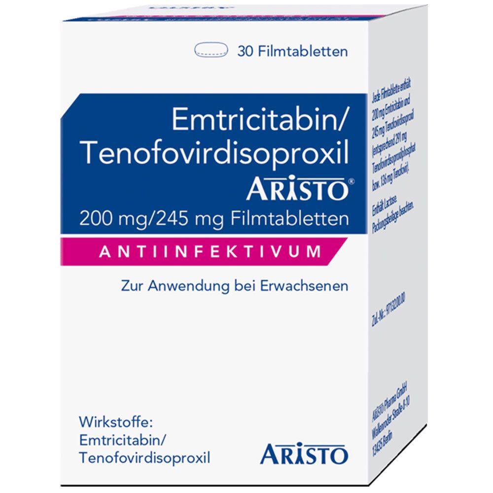 Schachtel mit Filmtabletten. Aufschrift: Emtricitabin/Tenofovirdisoproxil Aristo, 200 mg/245 mg. 30 Filmtabletten.