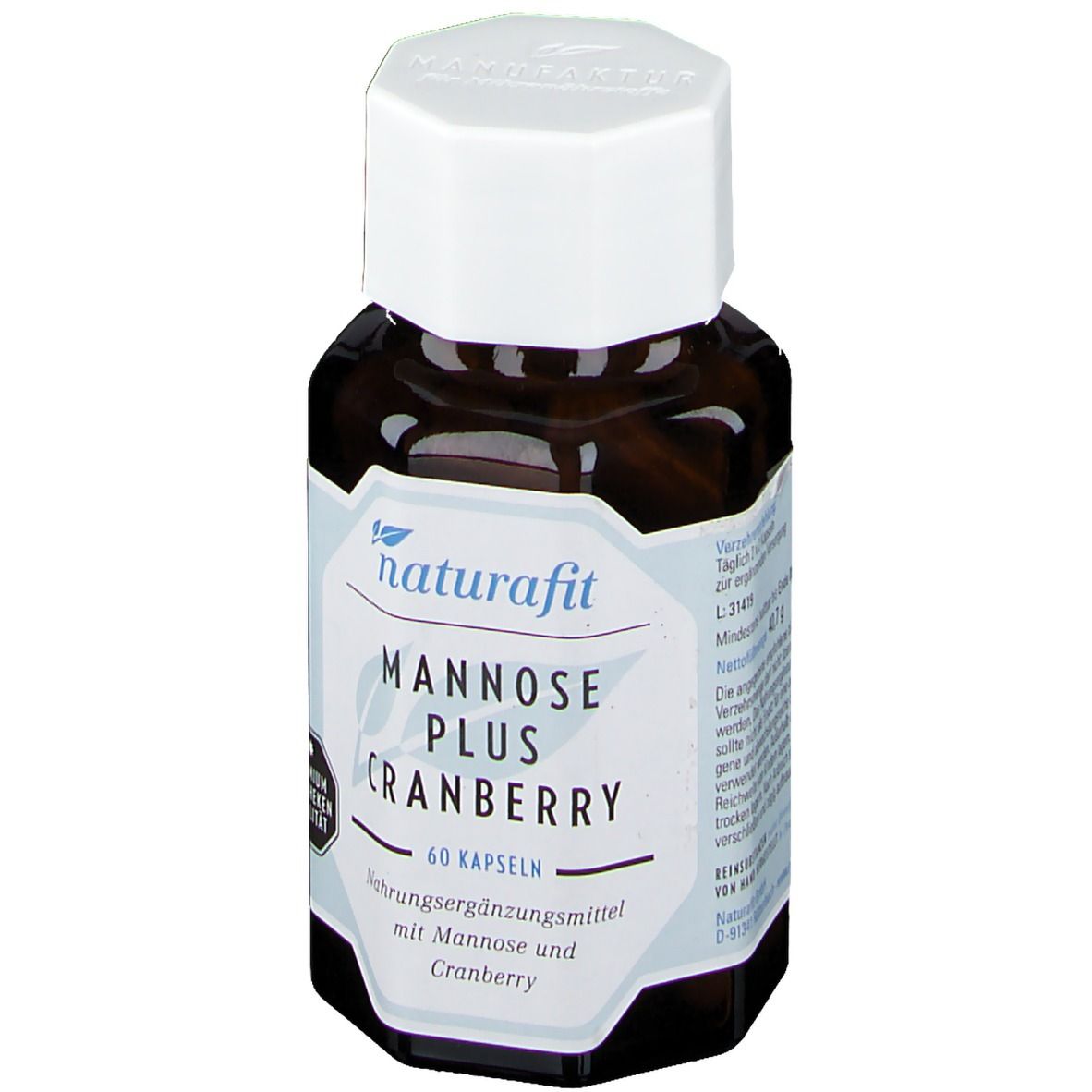 Braune Flasche mit weißem Deckel. Auf dem Etikett steht naturafit® Mannose Plus Cranberry, 60 Kapseln.