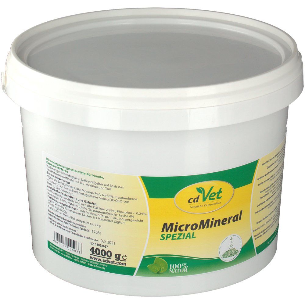 Weißer Eimer mit Deckel und Henkel. Aufkleber mit Produktname: cd Vet MicroMineral SPEZIAL. Gewicht 4000 g.