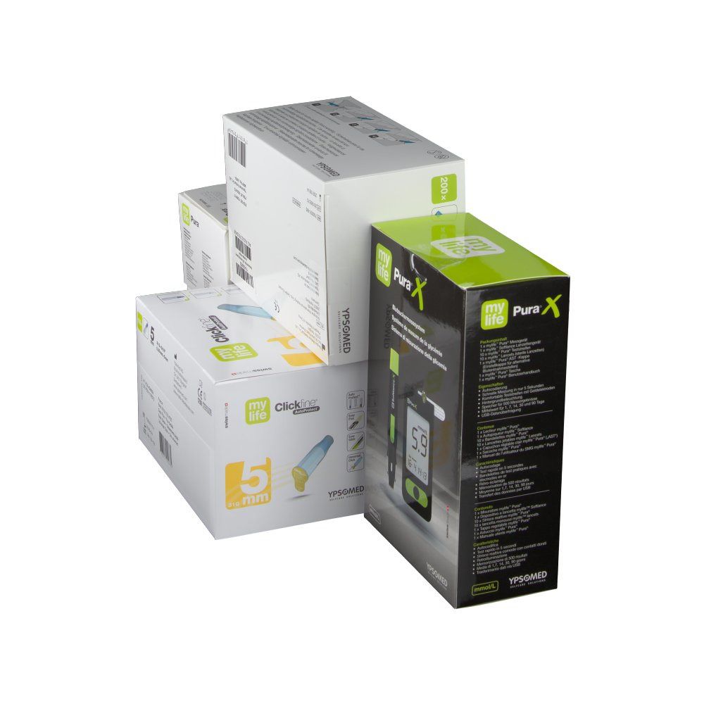 Verpackungen von mylife Diabetescare Produkten. Enthält Pura X Blutzuckermessgerät und weitere Produkte. Aufdruck: 5.9 mmol/L.