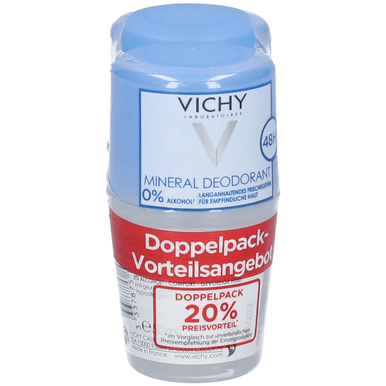 Doppelpack Deodorant mit blauer Kappe und rotem Etikett. Aufschrift: VICHY, Mineral Deodorant, 48H. 20% Preisvorteil.