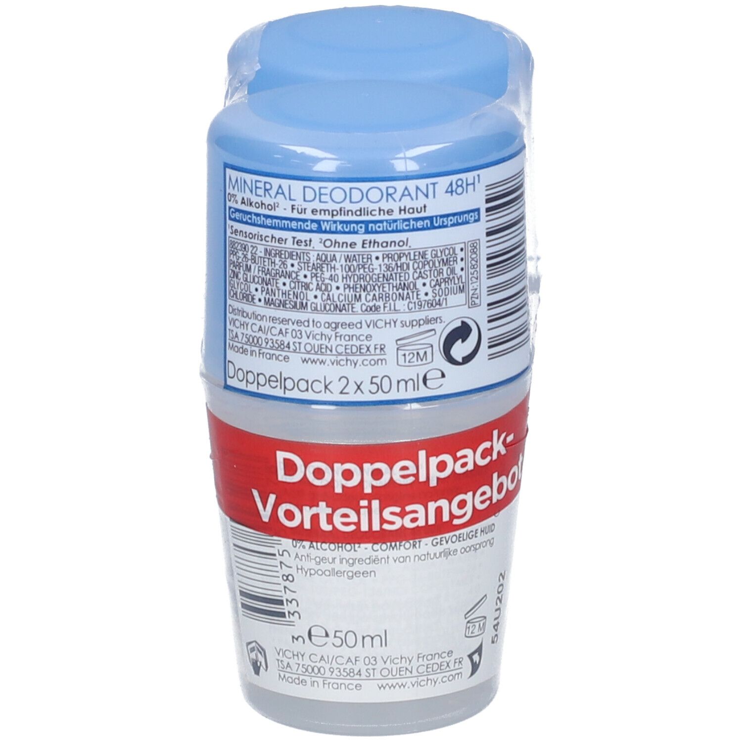 Doppelpack Deodorant mit blauer Kappe und rotem Etikett. Aufschrift: VICHY, Mineral Deodorant, 48H. 2 x 50 ml.