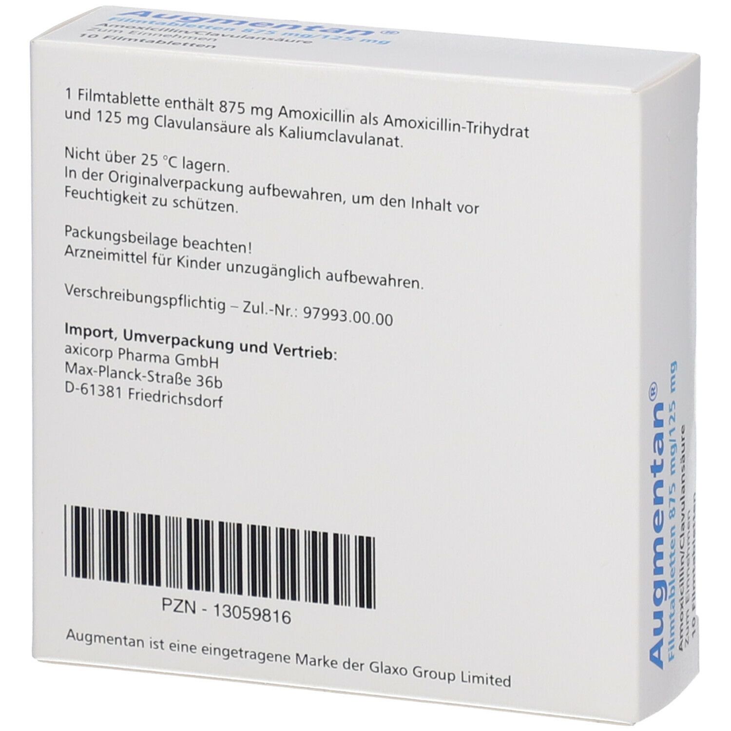 Rückseite der Augmentan-Schachtel. Enthält Informationen zu Inhaltsstoffen, Lagerung und Hersteller. Barcode.