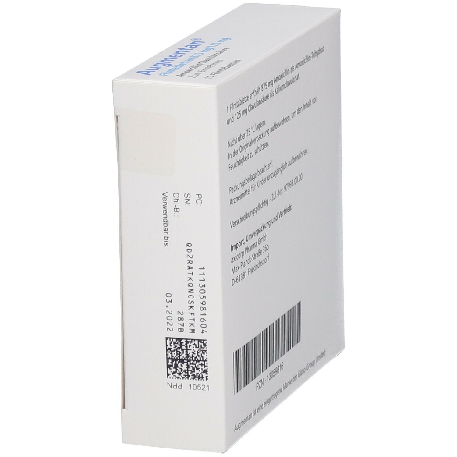 Seitenansicht der Augmentan-Schachtel. Barcode und Chargennummer. Weiße Schachtel mit blauen Akzenten.