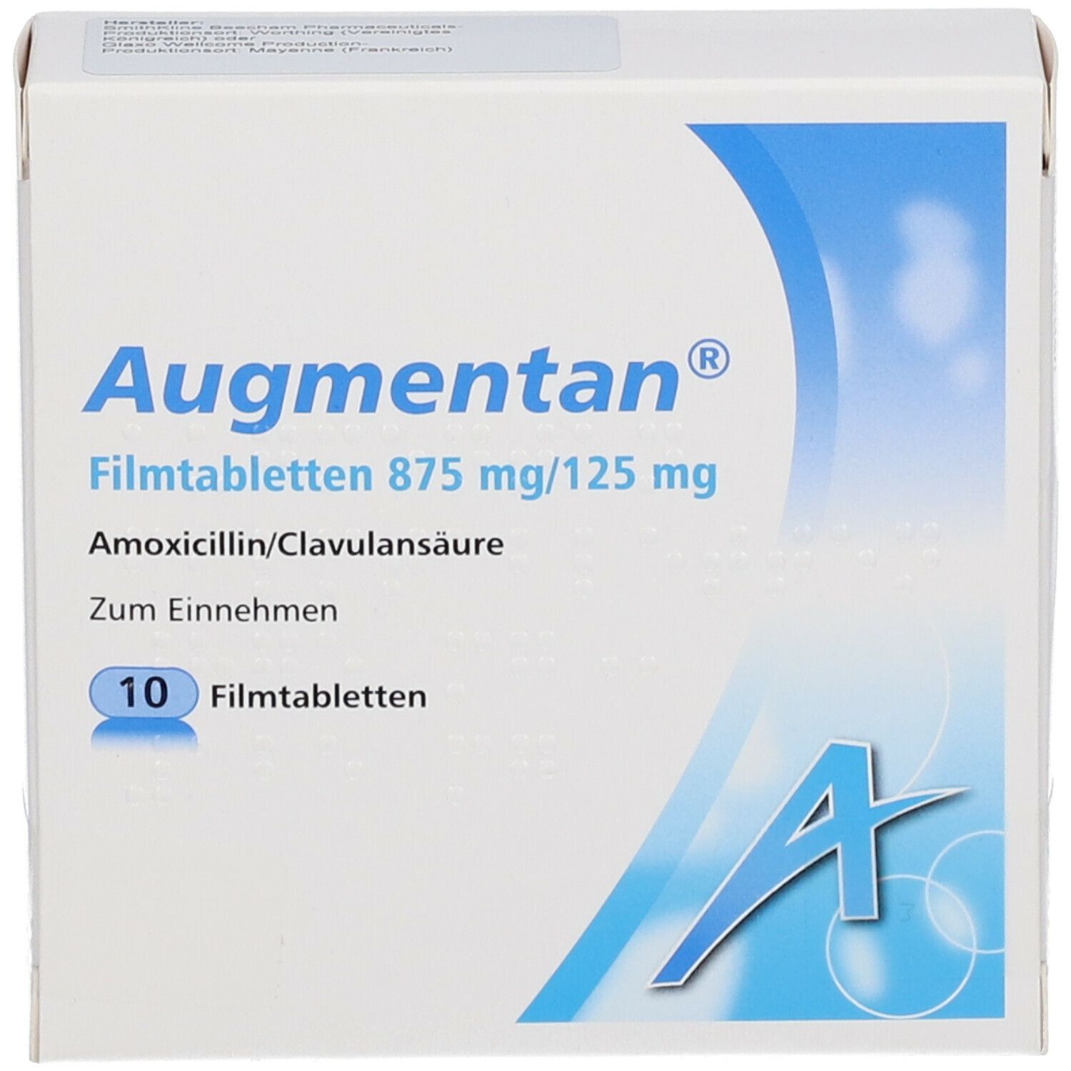 Augmentan Filmtabletten 875 mg/125 mg Schachtel. Enthält 10 Tabletten. Blaue und weiße Farbgebung.