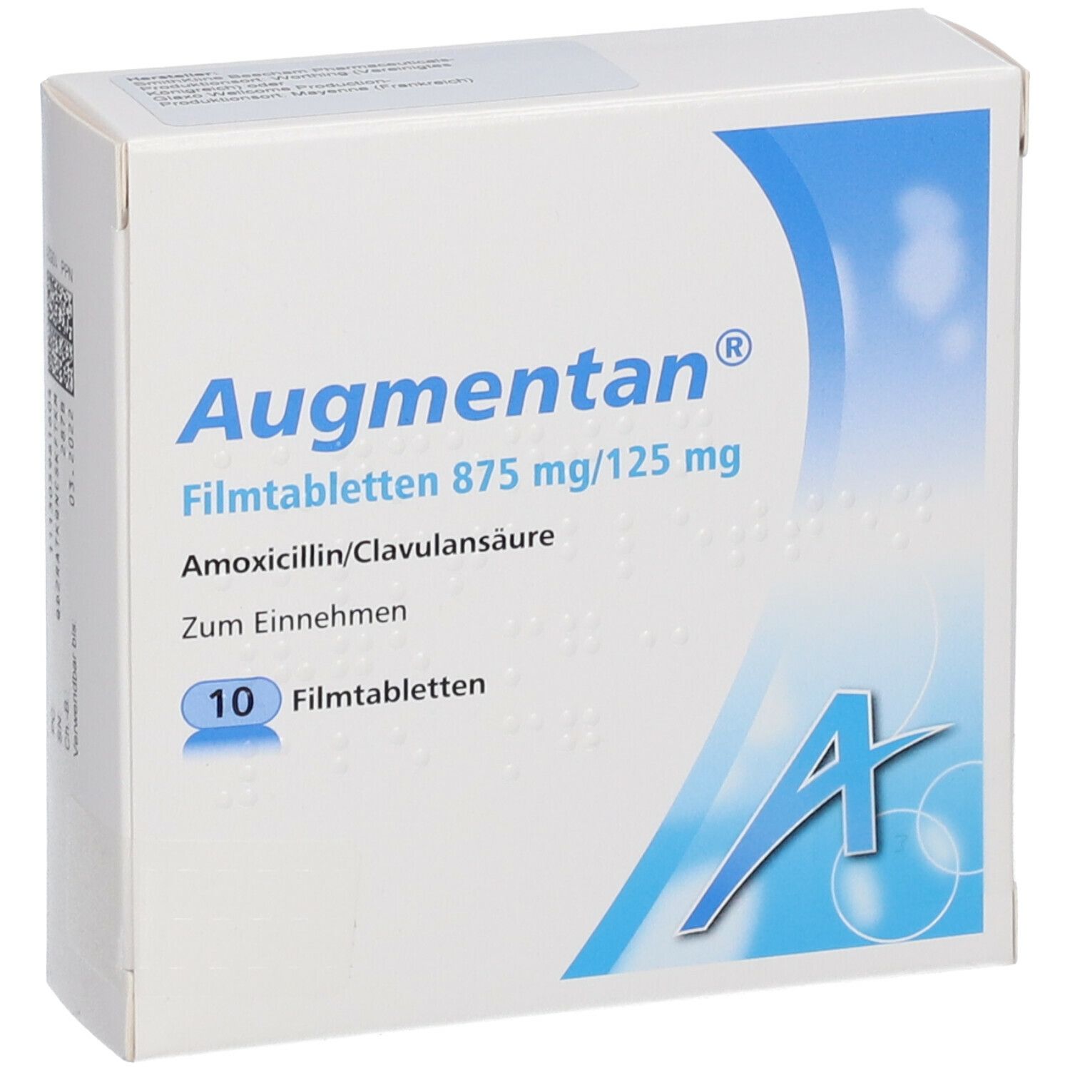 Augmentan Filmtabletten 875 mg/125 mg Schachtel. Enthält 10 Tabletten. Blaue und weiße Farbgebung.