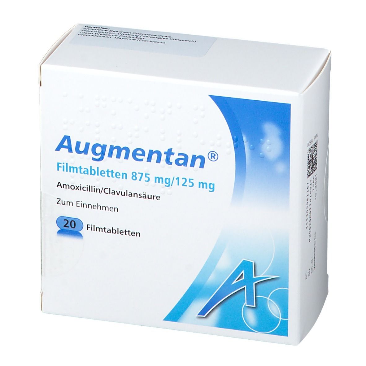 Schachtel mit Augmentan Filmtabletten 875 mg/125 mg. Aufschrift: Amoxicillin/Clavulansäure. 20 Filmtabletten.