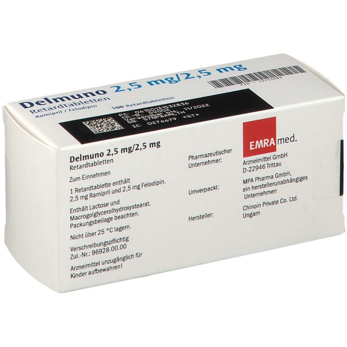 Weiße Schachtel "Delmuno 2,5 mg/2,5 mg Retardtabletten". Text: 1 Retardtablette enthält 2,5 mg Ramipril und 2,5 mg Felodipin. EMRA med.