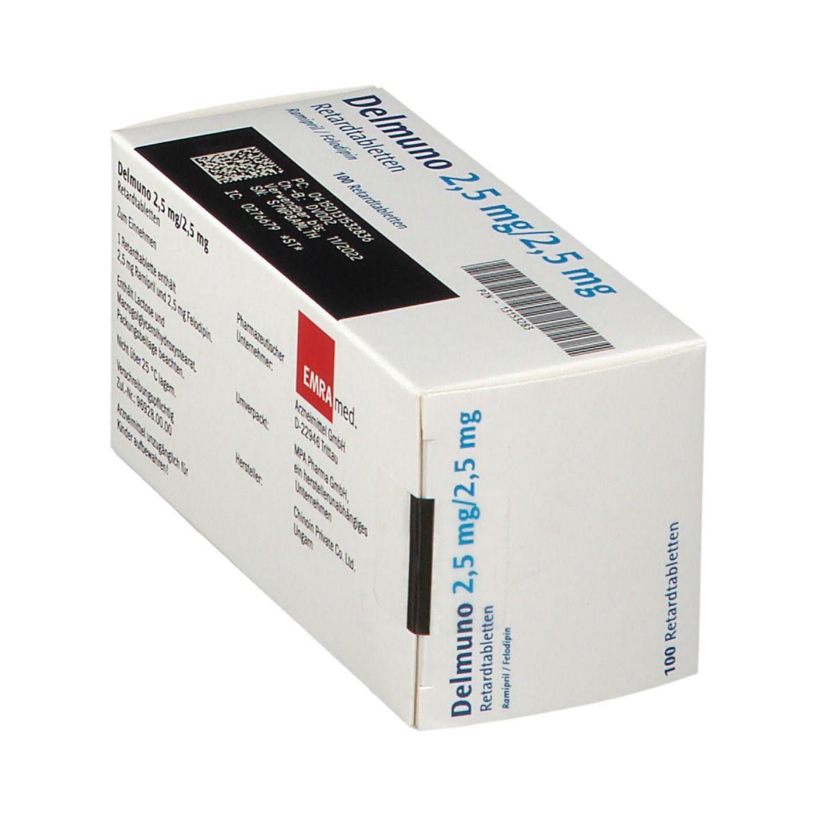 Schräg gestellte weiße Schachtel "Delmuno 2,5 mg/2,5 mg Retardtabletten". Text und Barcode. EMRA med.