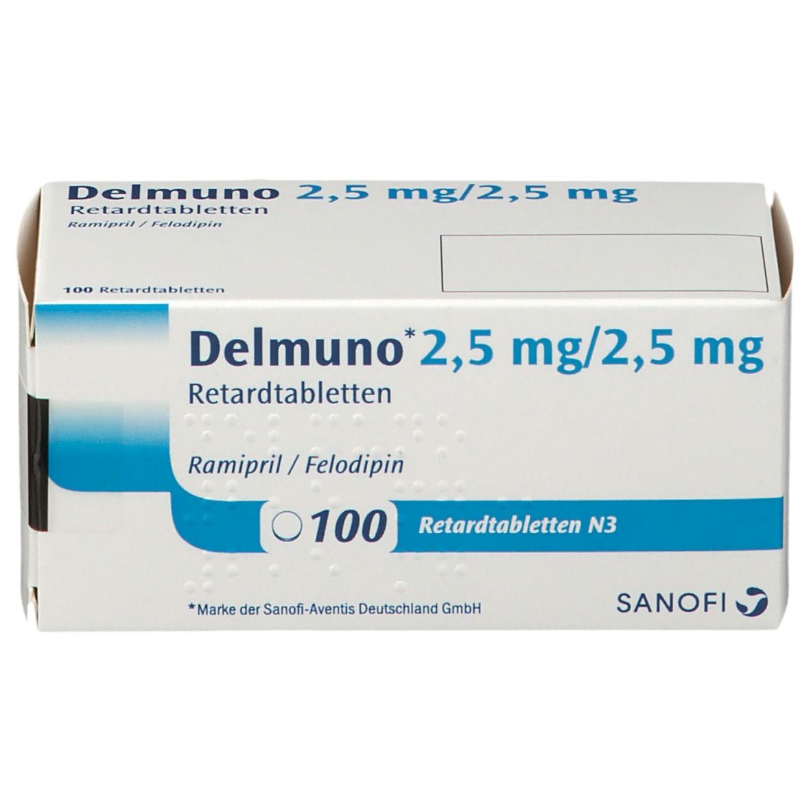 Weiße Schachtel "Delmuno 2,5 mg/2,5 mg Retardtabletten". Enthält 100 Tabletten. Sanofi-Logo.