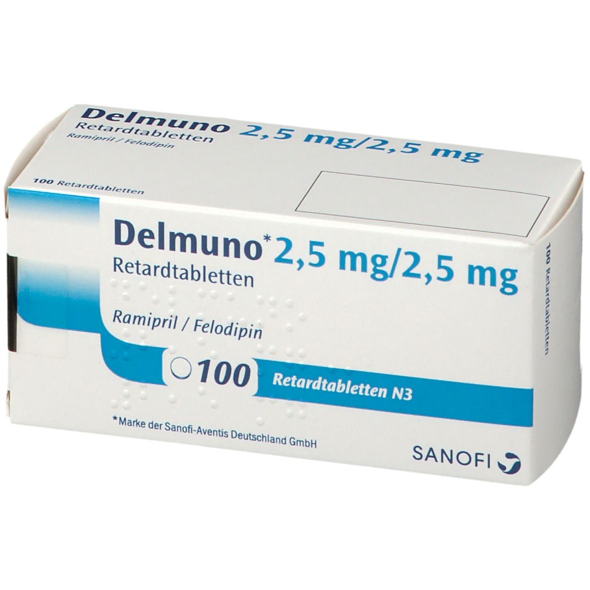 Weiße Schachtel "Delmuno 2,5 mg/2,5 mg Retardtabletten". Enthält 100 Tabletten. Sanofi-Logo.