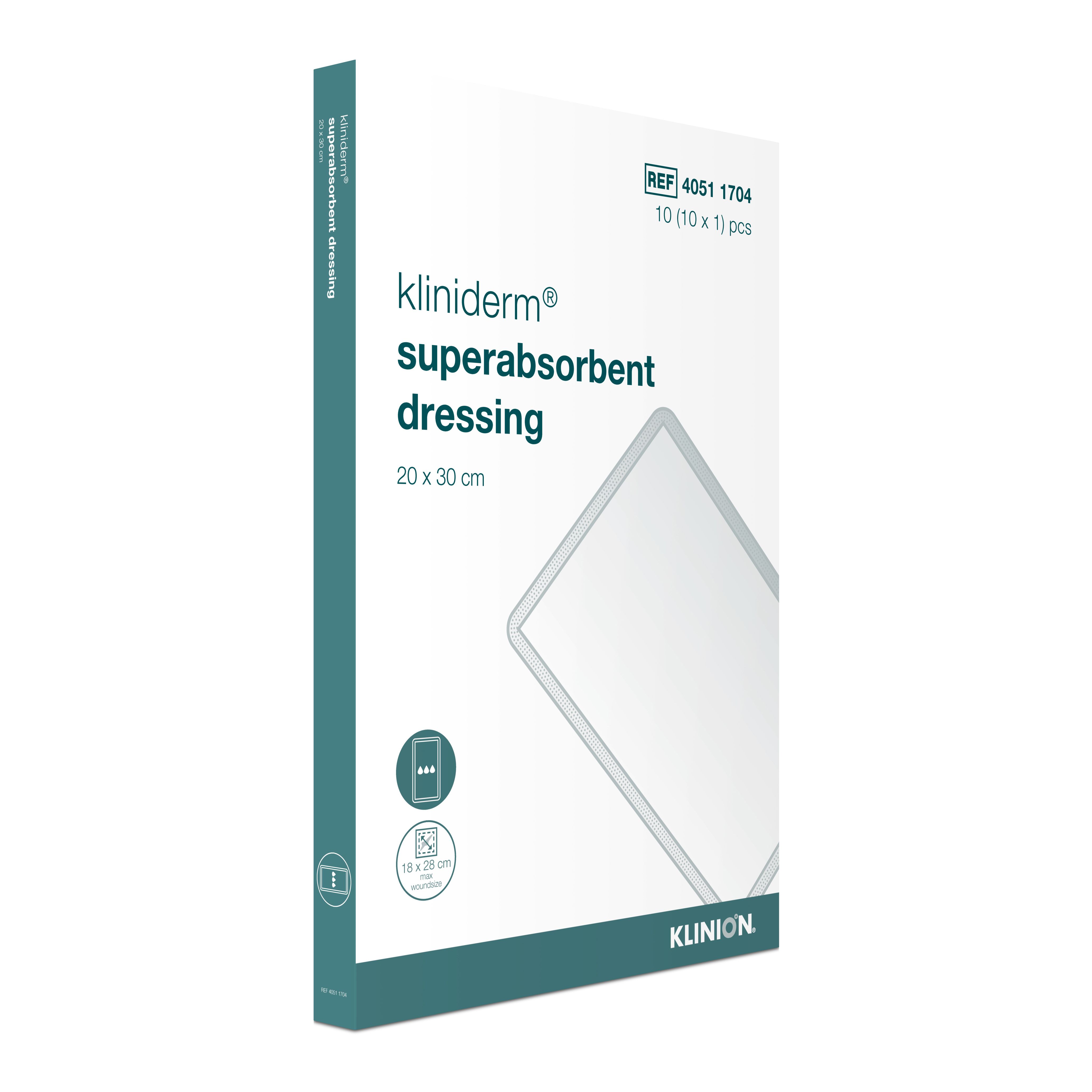 Verpackung Kliniderm Superabsorbierende Wundauflage. Größe 20x30 cm. Steril. Klinion Logo.