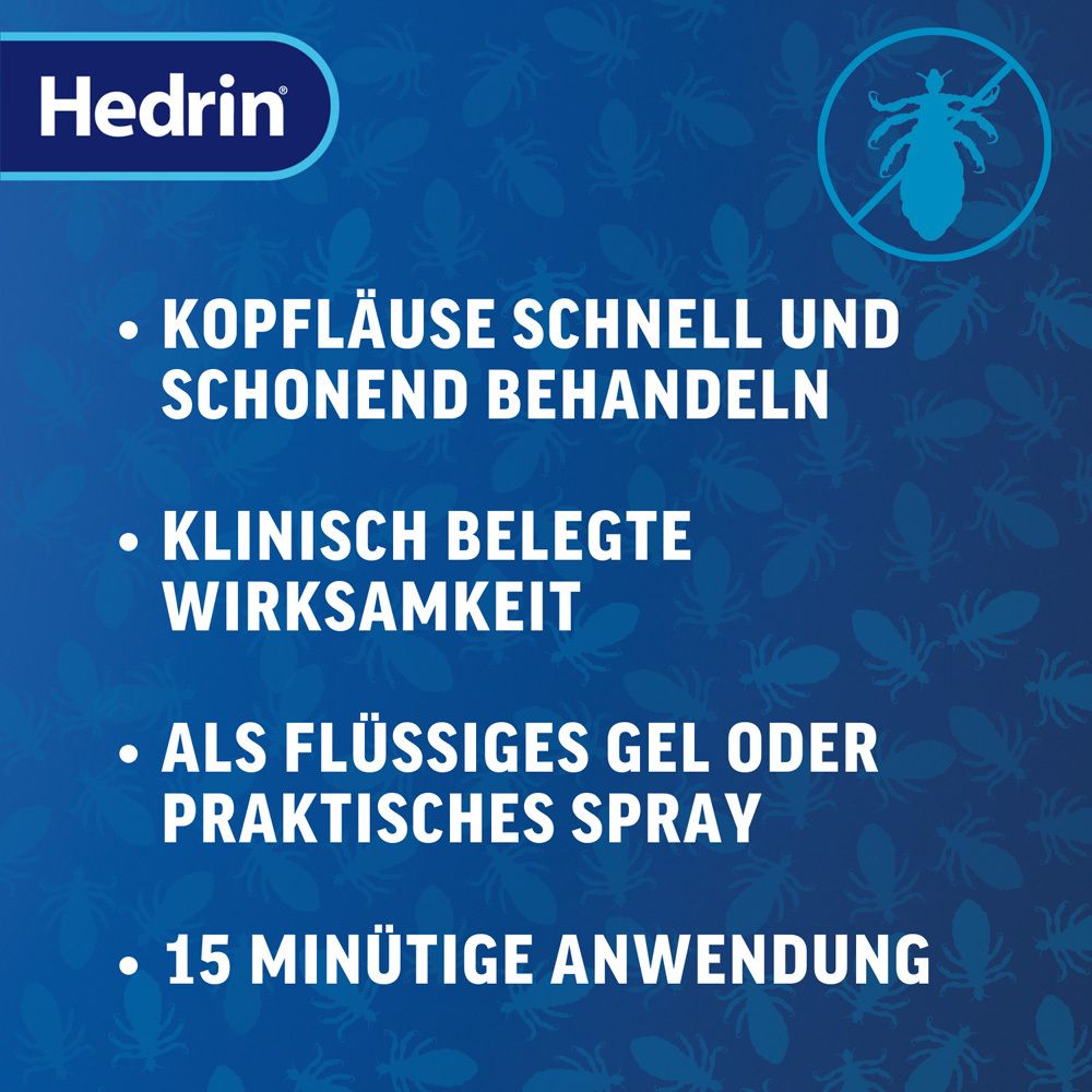 Hedrin-Logo. Text: Kopfläuse schnell und schonend behandeln. Klinisch belegte Wirksamkeit.