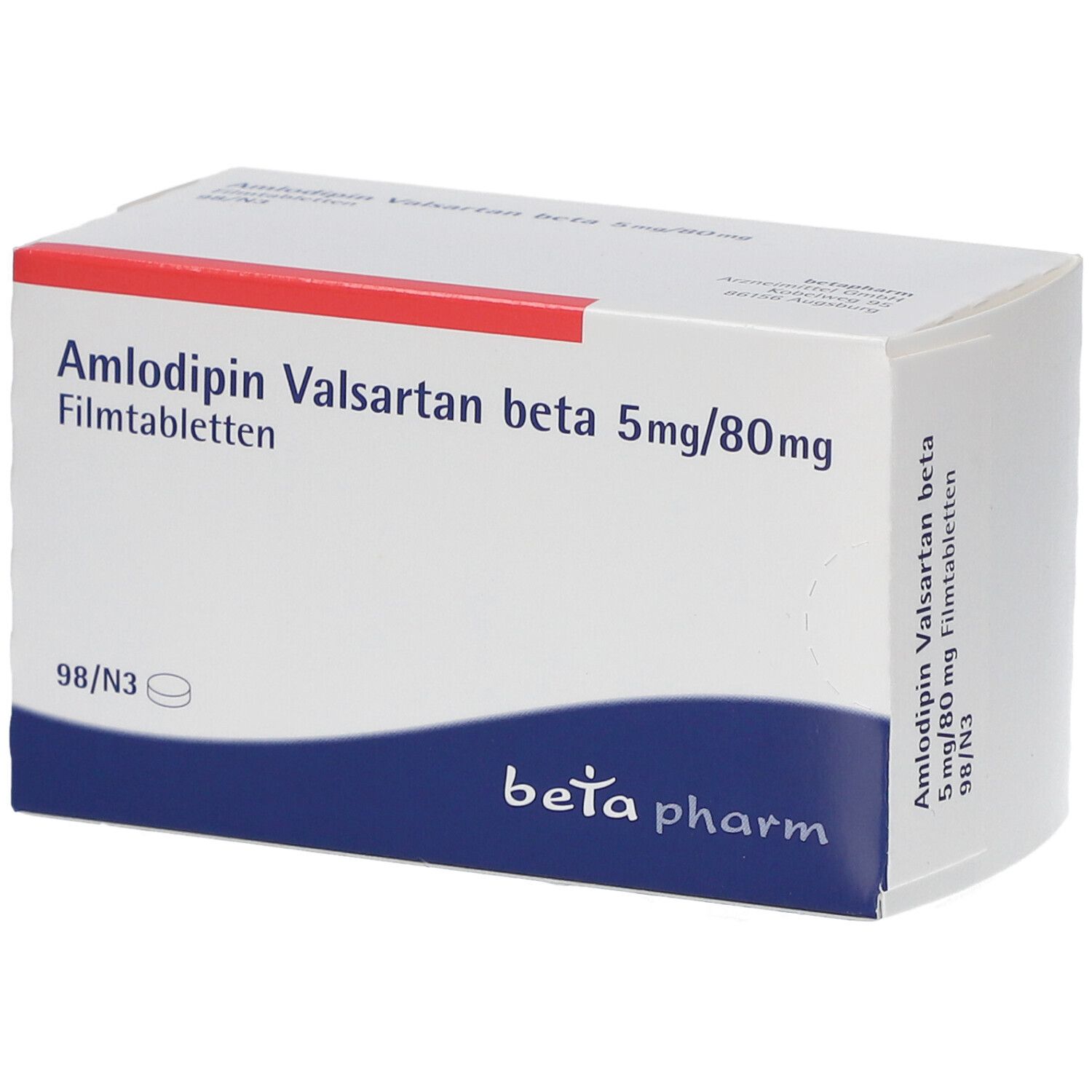 Schachtel mit AMLODIPIN Valsartan beta 5mg/80mg Filmtabletten. Blaue und weiße Verpackung mit rotem Streifen. "beta pharm" Logo.