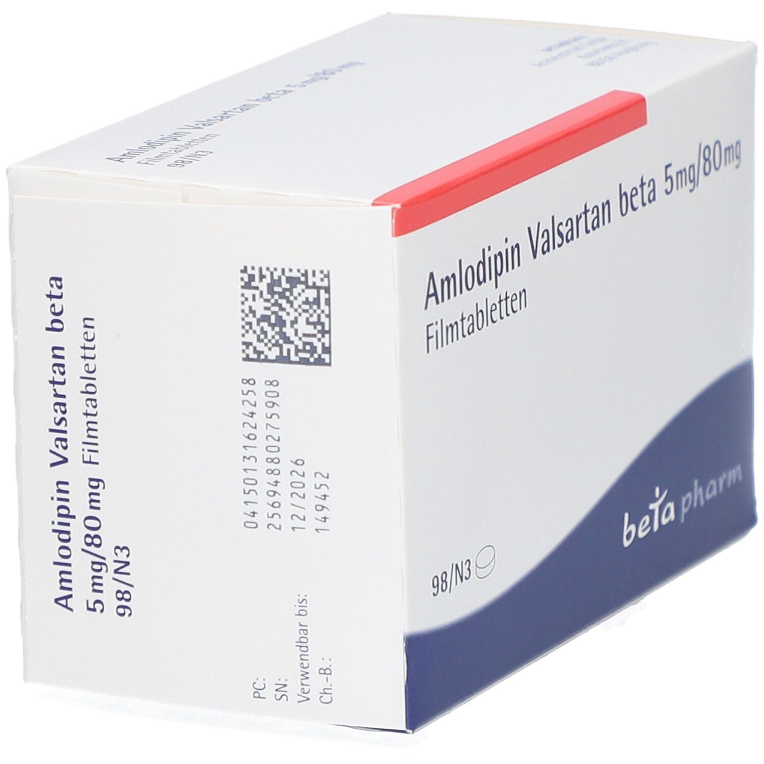 Schachtel mit AMLODIPIN Valsartan beta 5mg/80mg Filmtabletten. Weiße Verpackung mit QR-Code und Text. "beta pharm" Logo.