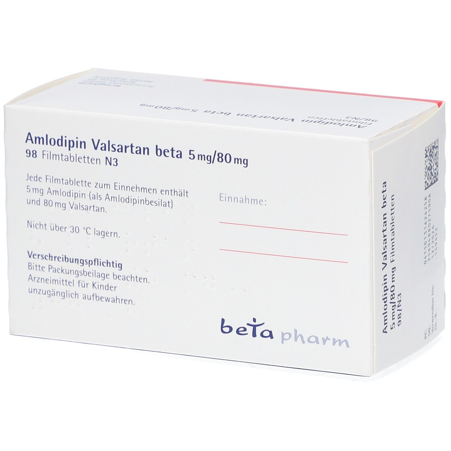 Schachtel mit AMLODIPIN Valsartan beta 5mg/80mg Filmtabletten. Weiße Verpackung mit Text. "beta pharm" Logo.