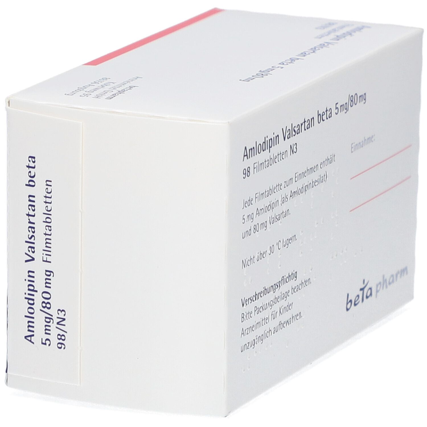 Schachtel mit AMLODIPIN Valsartan beta 5mg/80mg Filmtabletten. Weiße Verpackung mit Text. "beta pharm" Logo.
