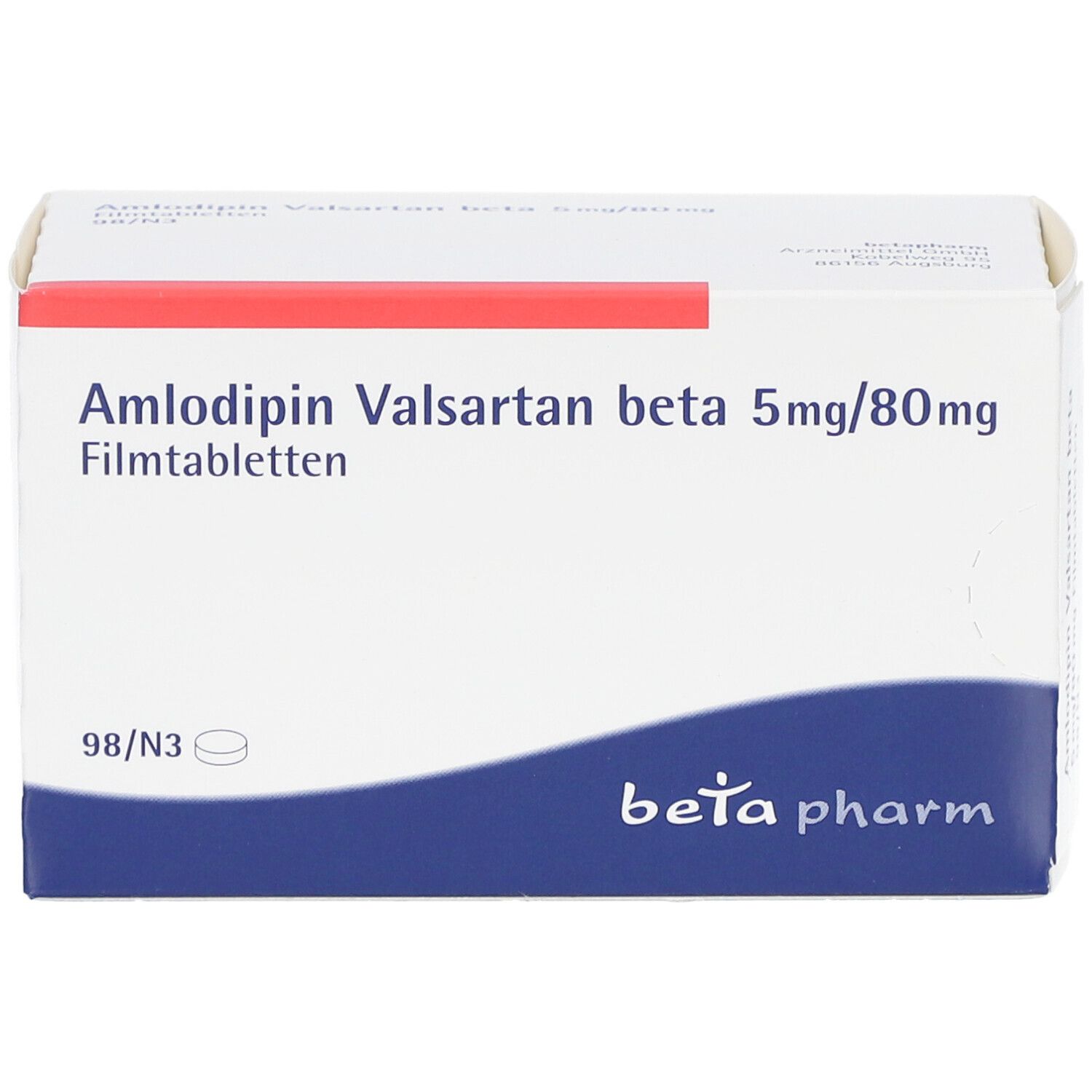Schachtel mit AMLODIPIN Valsartan beta 5mg/80mg Filmtabletten. Blaue und weiße Verpackung. "beta pharm" Logo.