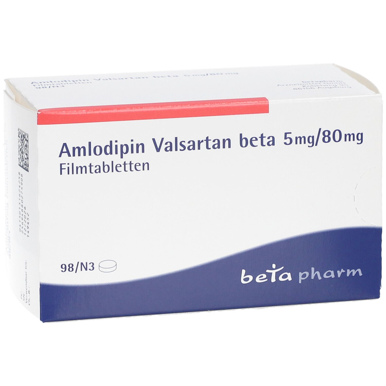 Schachtel mit AMLODIPIN Valsartan beta 5mg/80mg Filmtabletten. Blaue und weiße Verpackung mit rotem Streifen. "beta pharm" Logo.