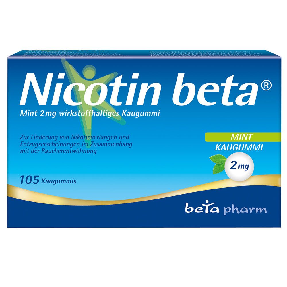 Blau-weiße Schachtel mit "Nicotin beta"-Schriftzug. Enthält 105 Kaugummis. Aufdruck: Mint 2 mg. Marke: beta pharm.