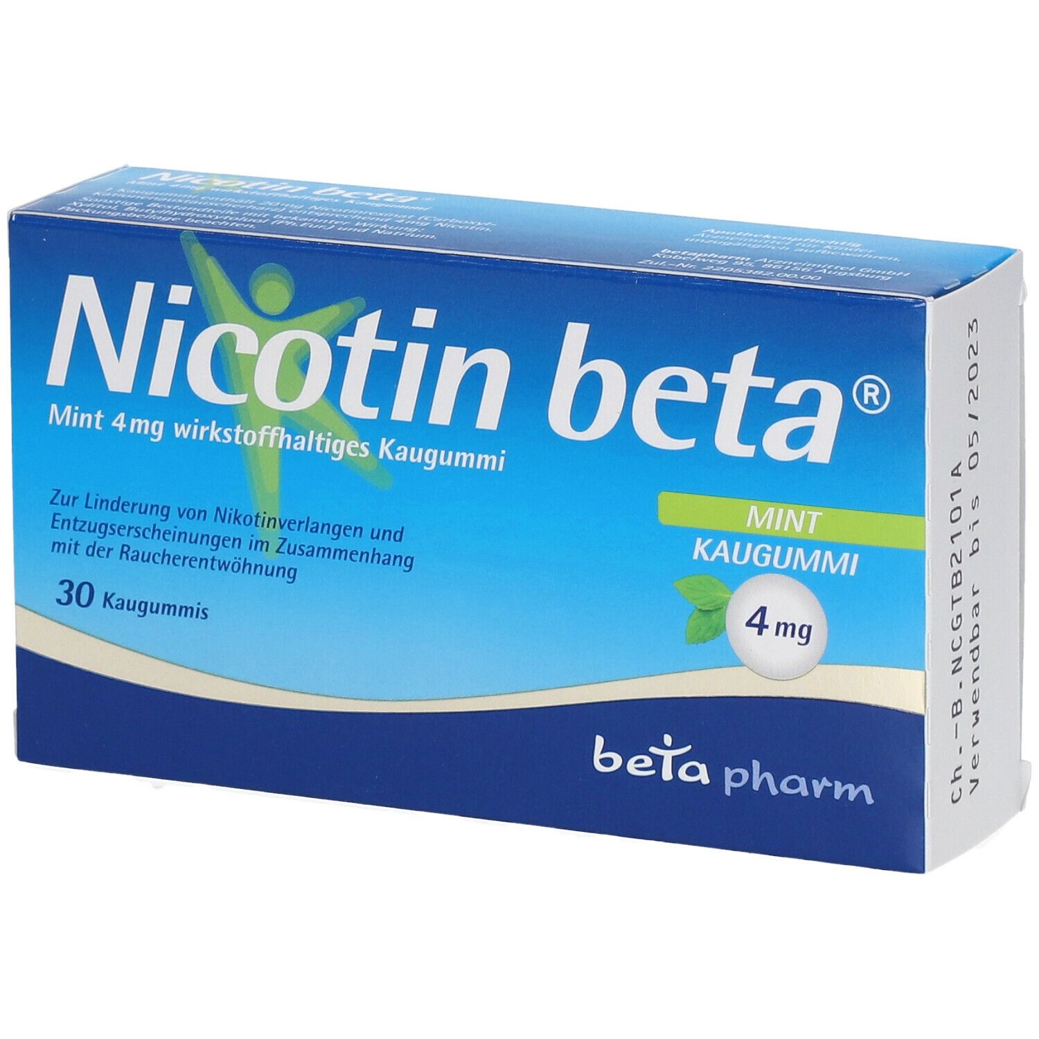Blau-weiße Schachtel mit "Nicotin beta® Mint 4 mg". Enthält 30 Kaugummis. "beta pharm" Logo. Haltbarkeitsdatum.