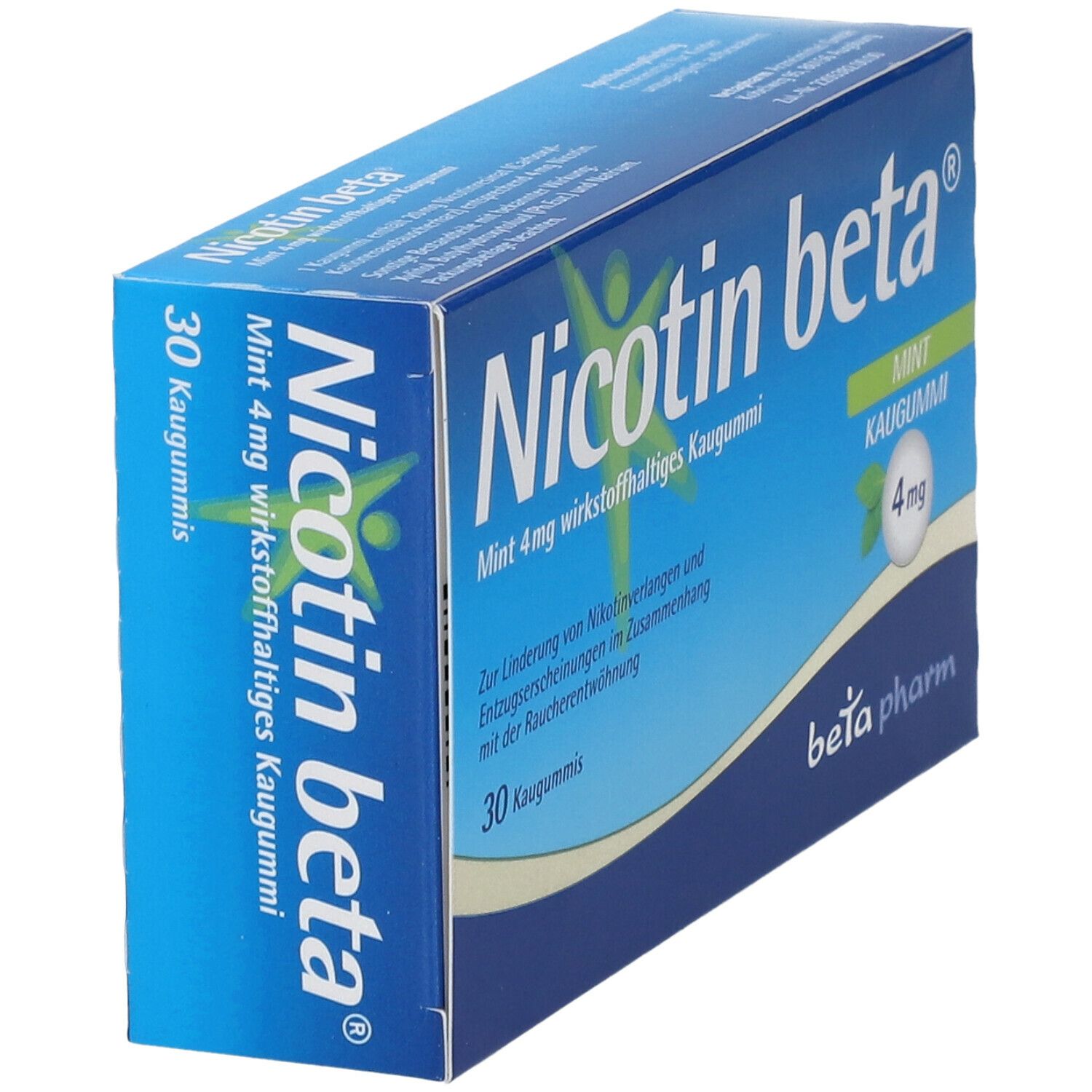 Schachtel "Nicotin beta® Mint 4 mg" in blau-weiß. Enthält 30 Kaugummis. "beta pharm" Logo. Perspektivische Ansicht.