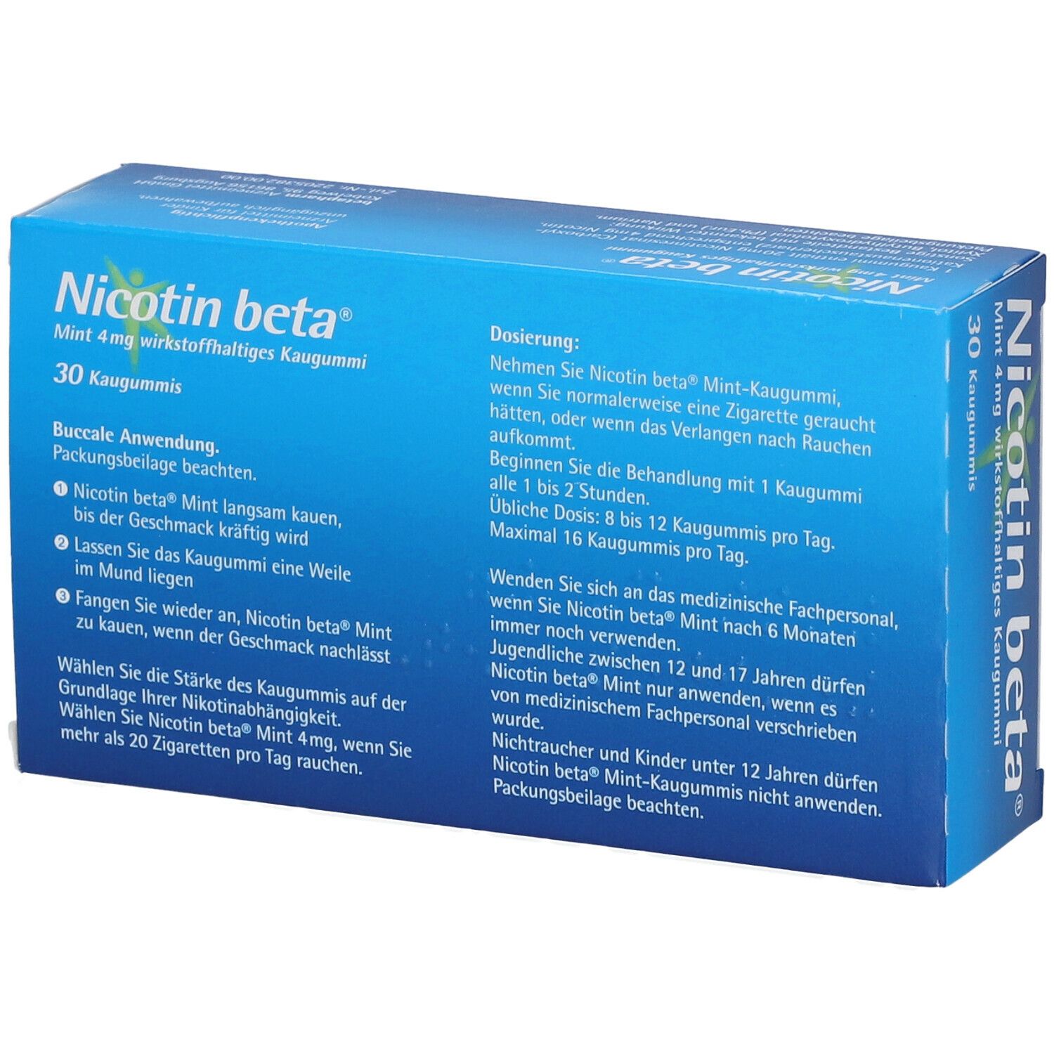 Blau-weiße Schachtel "Nicotin beta® Mint 4 mg". Enthält 30 Kaugummis. Text: Dosierung, Anwendungshinweise. "beta pharm" Logo.