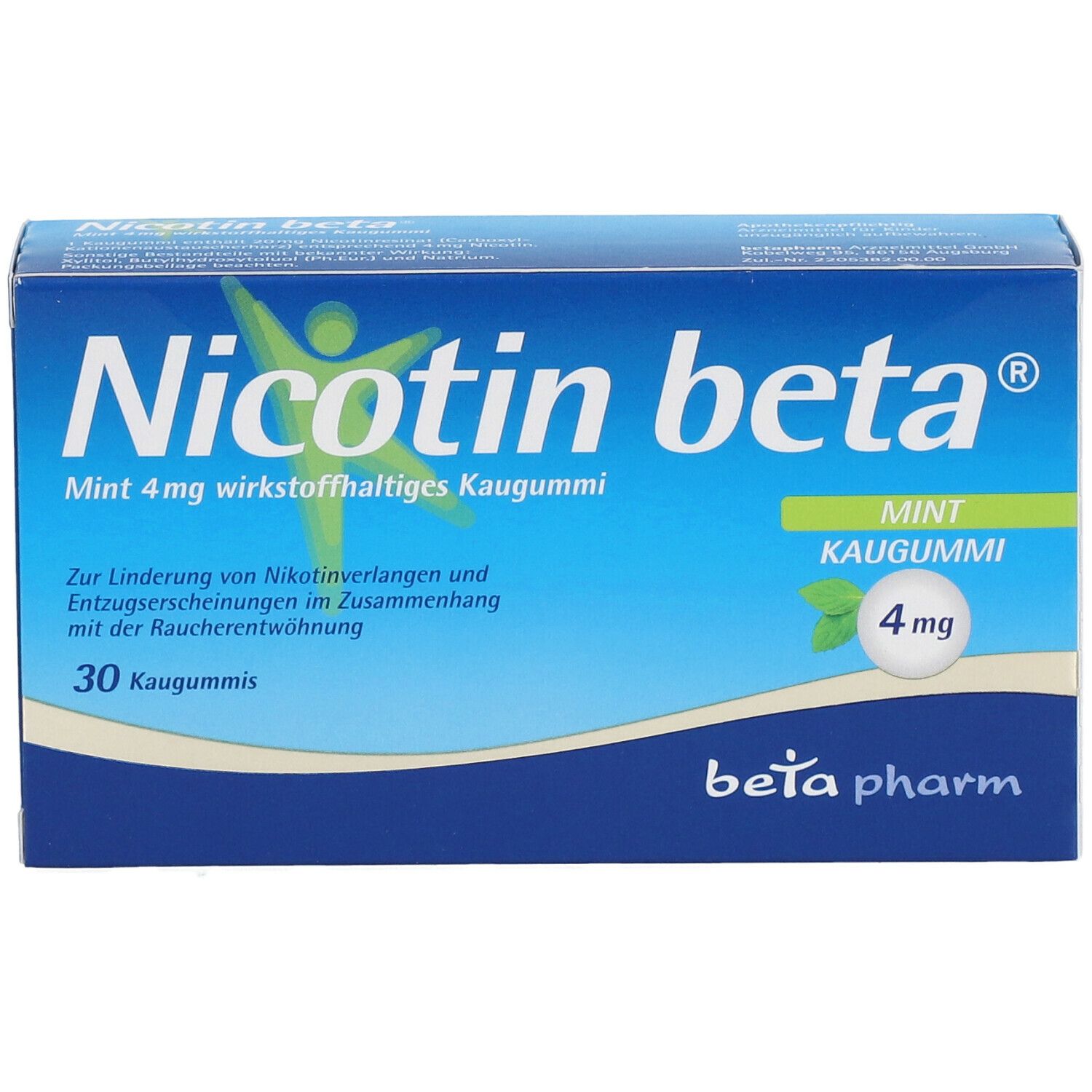Blau-weiße Schachtel "Nicotin beta® Mint 4 mg". Enthält 30 Kaugummis. "beta pharm" Logo. Mint-Blatt-Symbol.