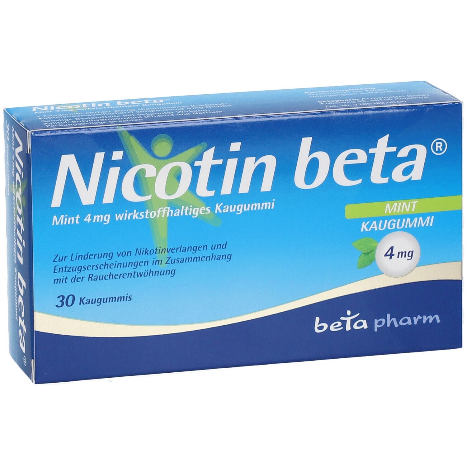 Blau-weiße Schachtel "Nicotin beta® Mint 4 mg". Enthält 30 Kaugummis. "beta pharm" Logo. Mint-Blatt-Symbol.