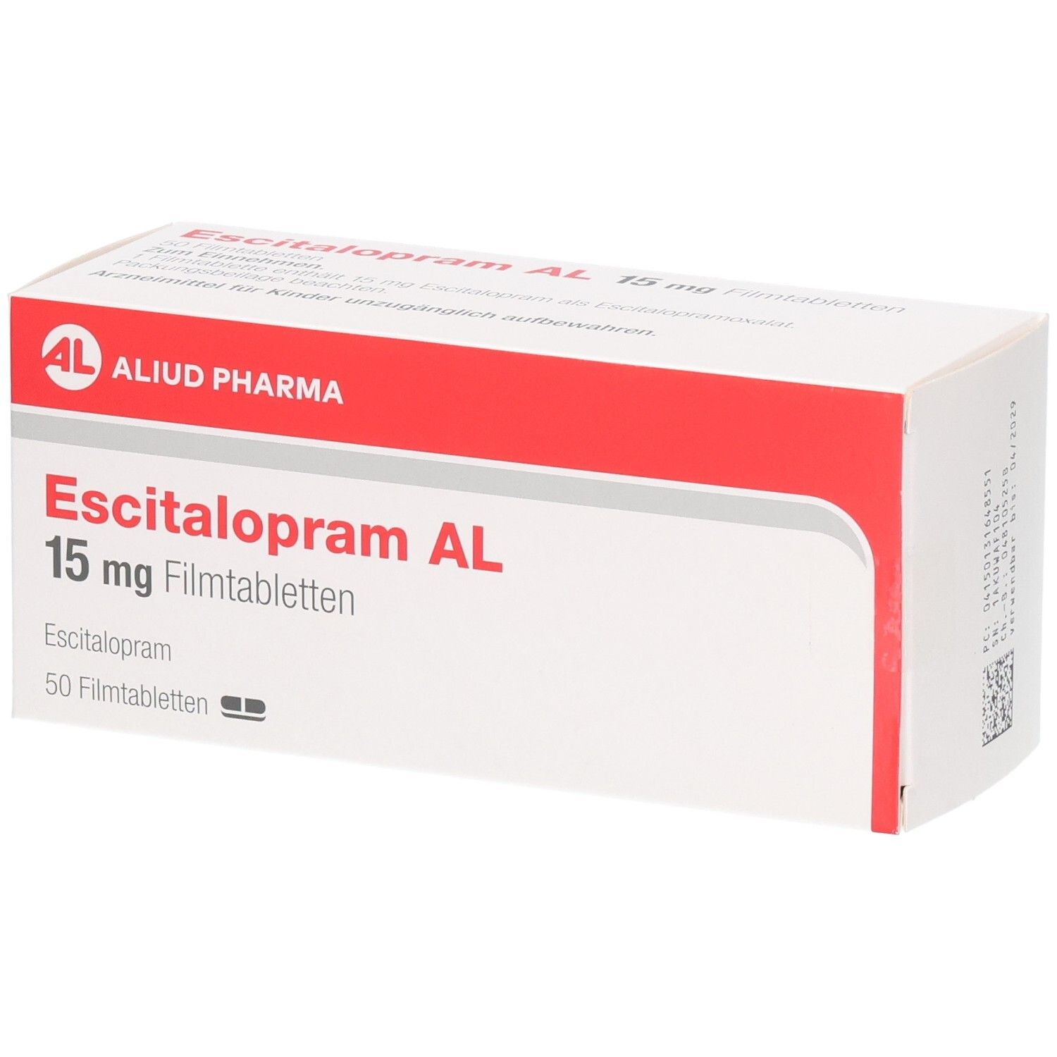 Packung Escitalopram AL 15 mg Filmtabletten, 50 Stück. Aliud Pharma.