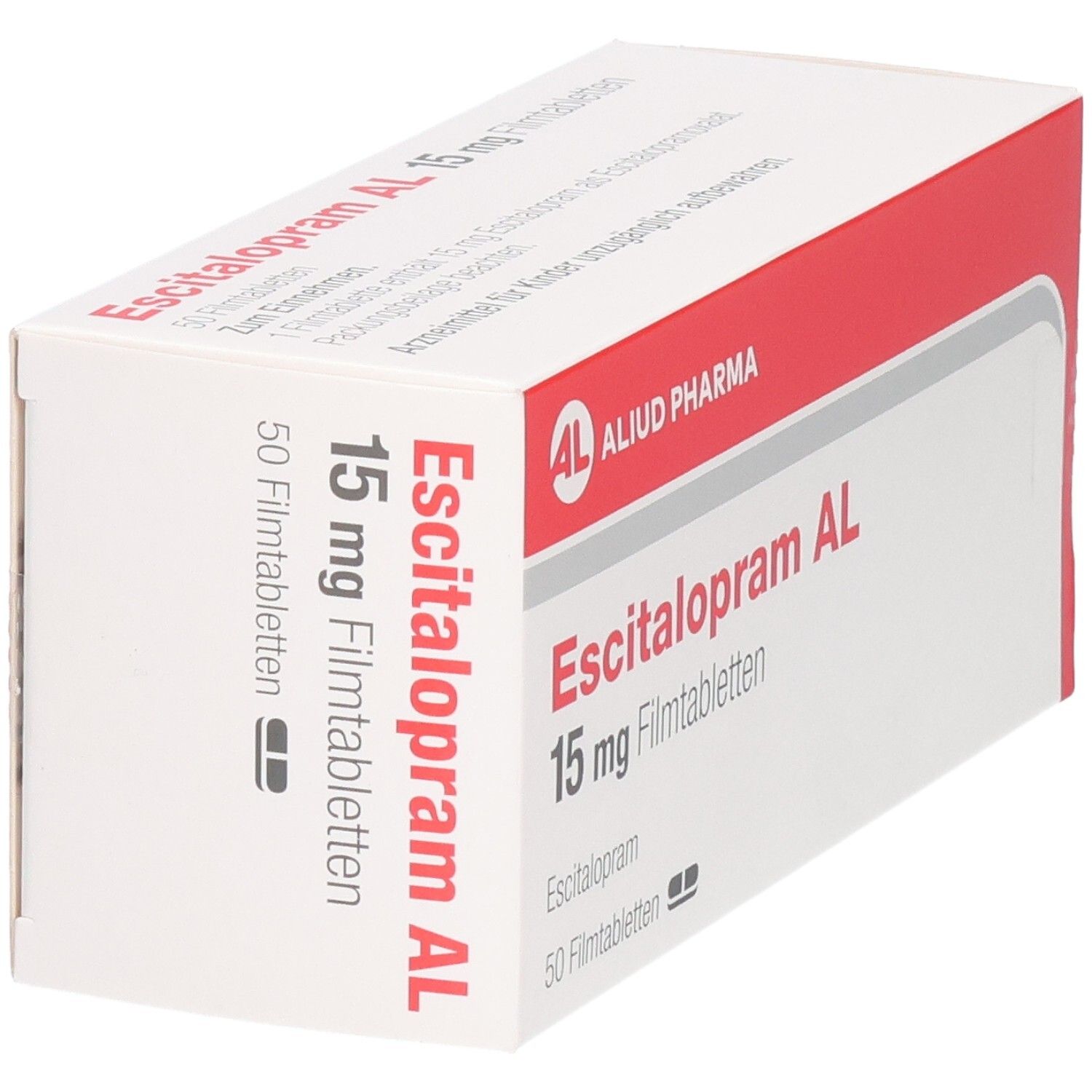 Packung Escitalopram AL 15 mg Filmtabletten, 50 Stück. Seitenansicht.