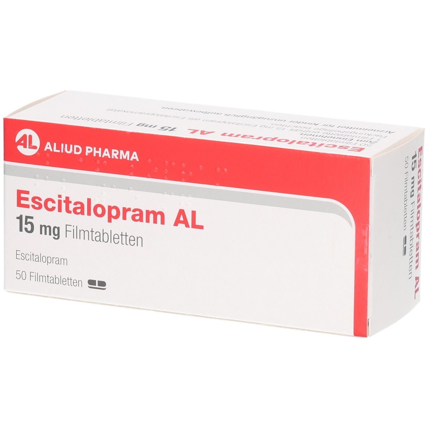 Packung Escitalopram AL 15 mg Filmtabletten, 50 Stück. Vorderansicht.