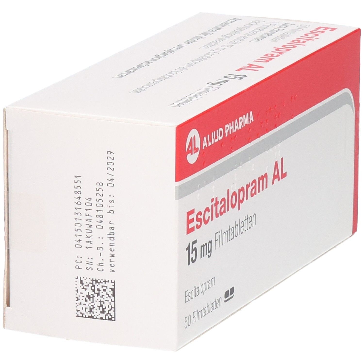 Packung Escitalopram AL 15 mg Filmtabletten, 50 Stück. Rückseite mit Chargennummer.