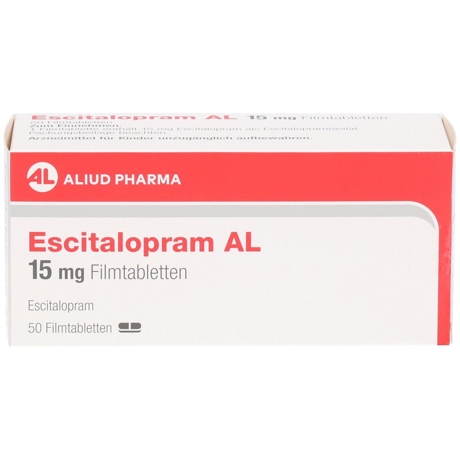 Packung Escitalopram AL 15 mg Filmtabletten, 50 Stück. Schrägansicht.