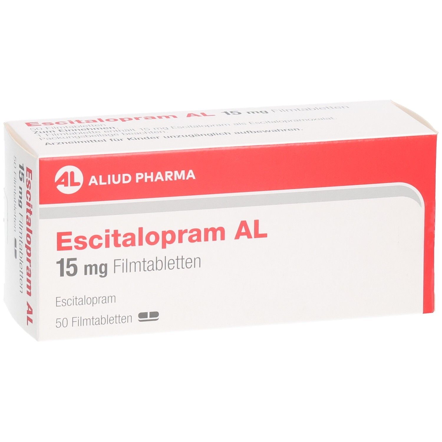 Packung Escitalopram AL 15 mg Filmtabletten, 50 Stück. Schrägansicht.