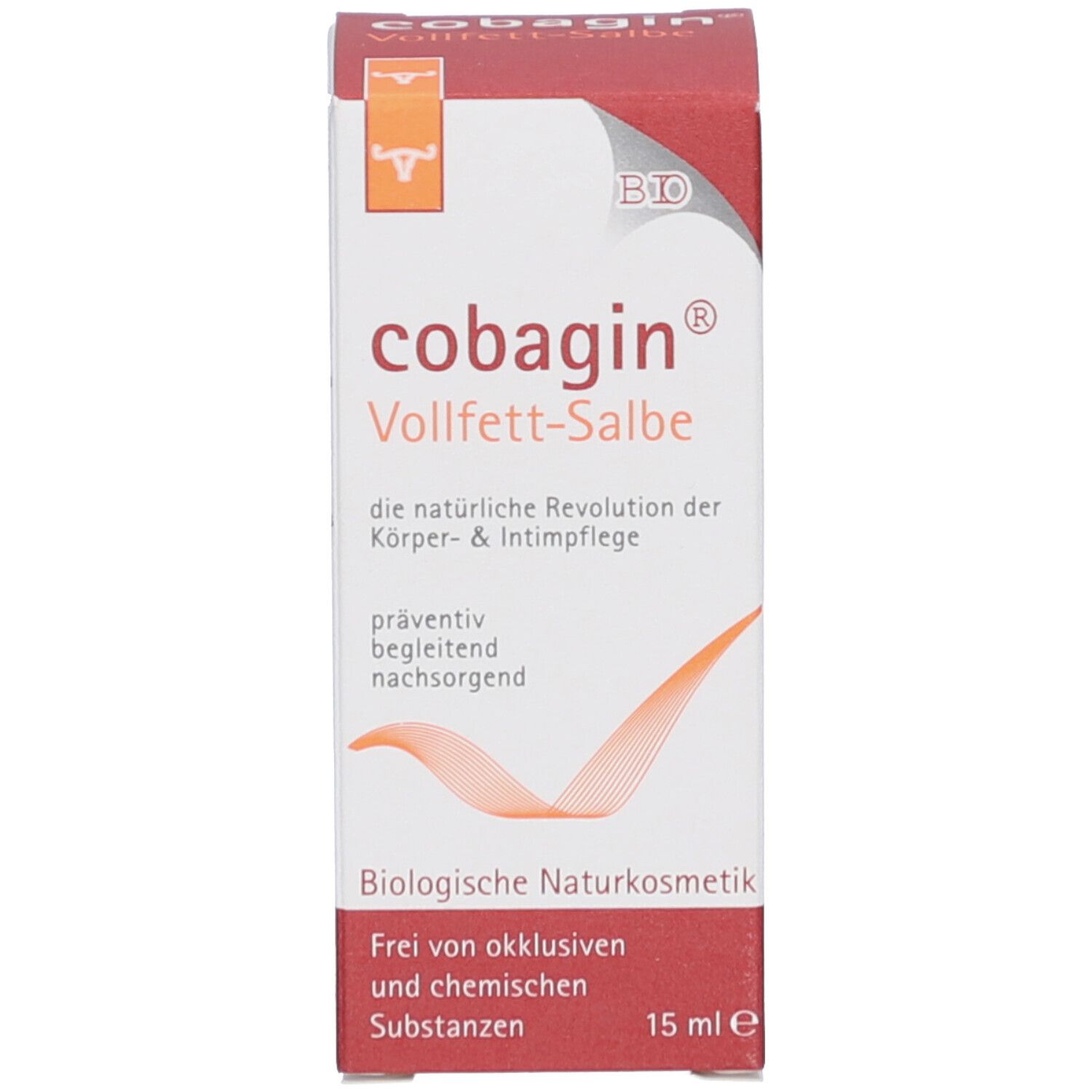 Produktverpackung. Aufschrift: cobagin® Vollfett-Salbe. Logo mit stilisiertem Tier. 15 ml. Bio-Siegel.