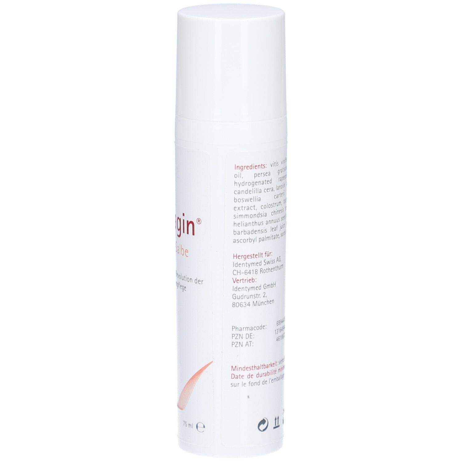 Weiße Flasche mit Text. Text in Deutsch. Enthält Informationen zu Inhaltsstoffen und Hersteller. 75 ml.