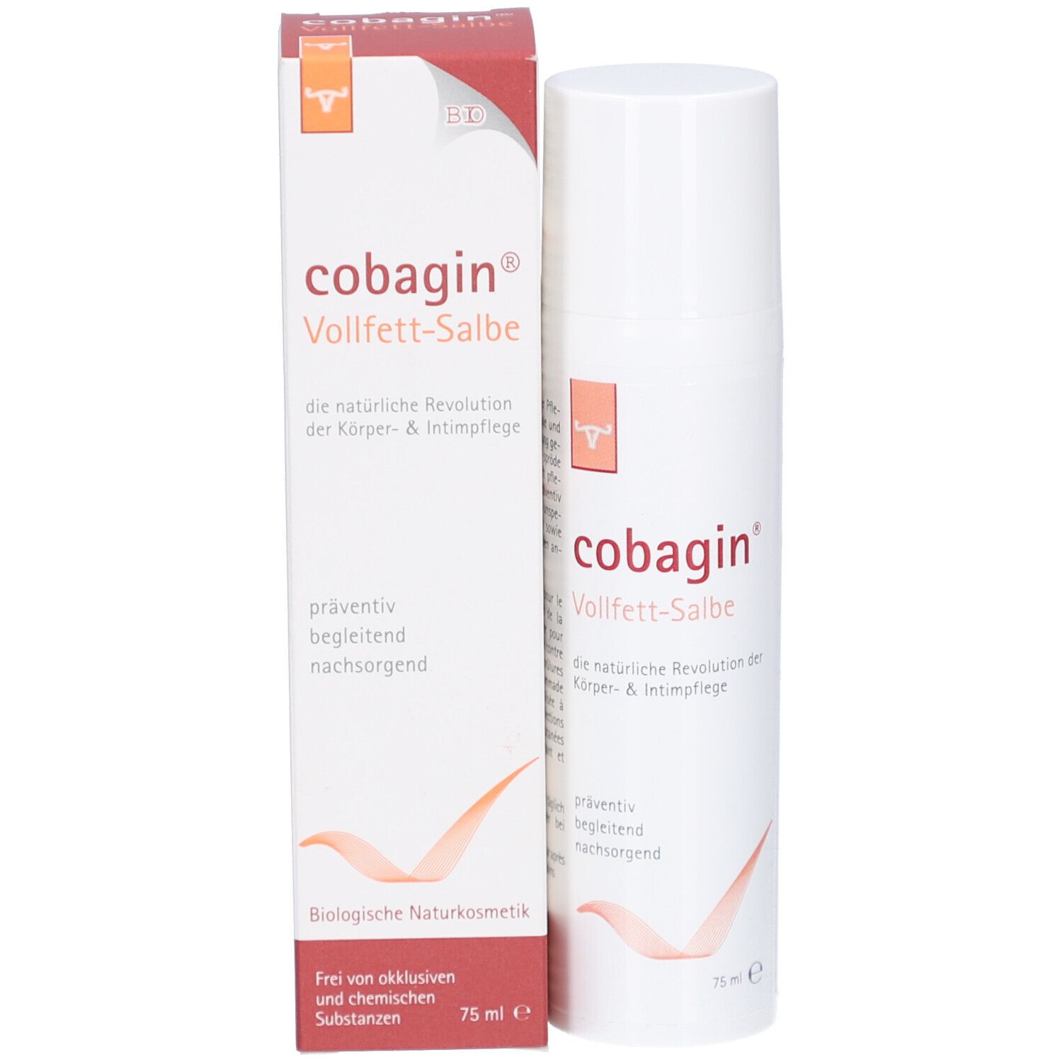 Produktverpackung und Flasche. Aufdruck "cobagin® Vollfett-Salbe". Text: "die natürliche Revolution der Körper- & Intimpflege". 75 ml.