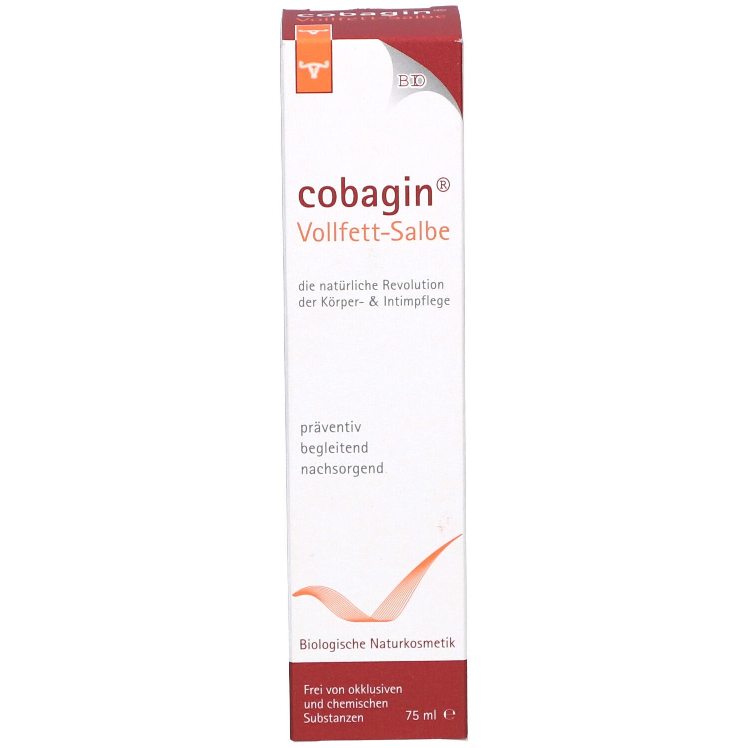 Produktverpackung. Aufdruck "cobagin® Vollfett-Salbe". Text: "die natürliche Revolution der Körper- & Intimpflege". 75 ml. Bio-Siegel.