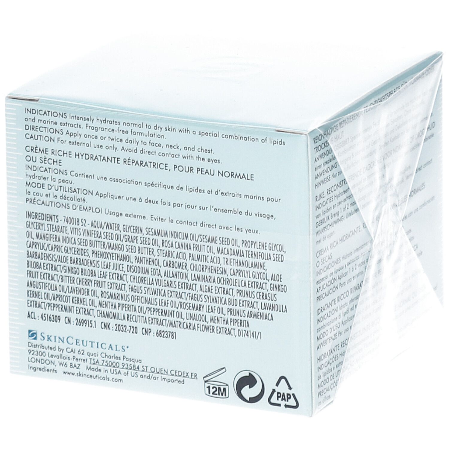 Rückseite der Skinceuticals Emollience Creme Verpackung. Text in mehreren Sprachen. Inhaltsstoffe und Anweisungen.