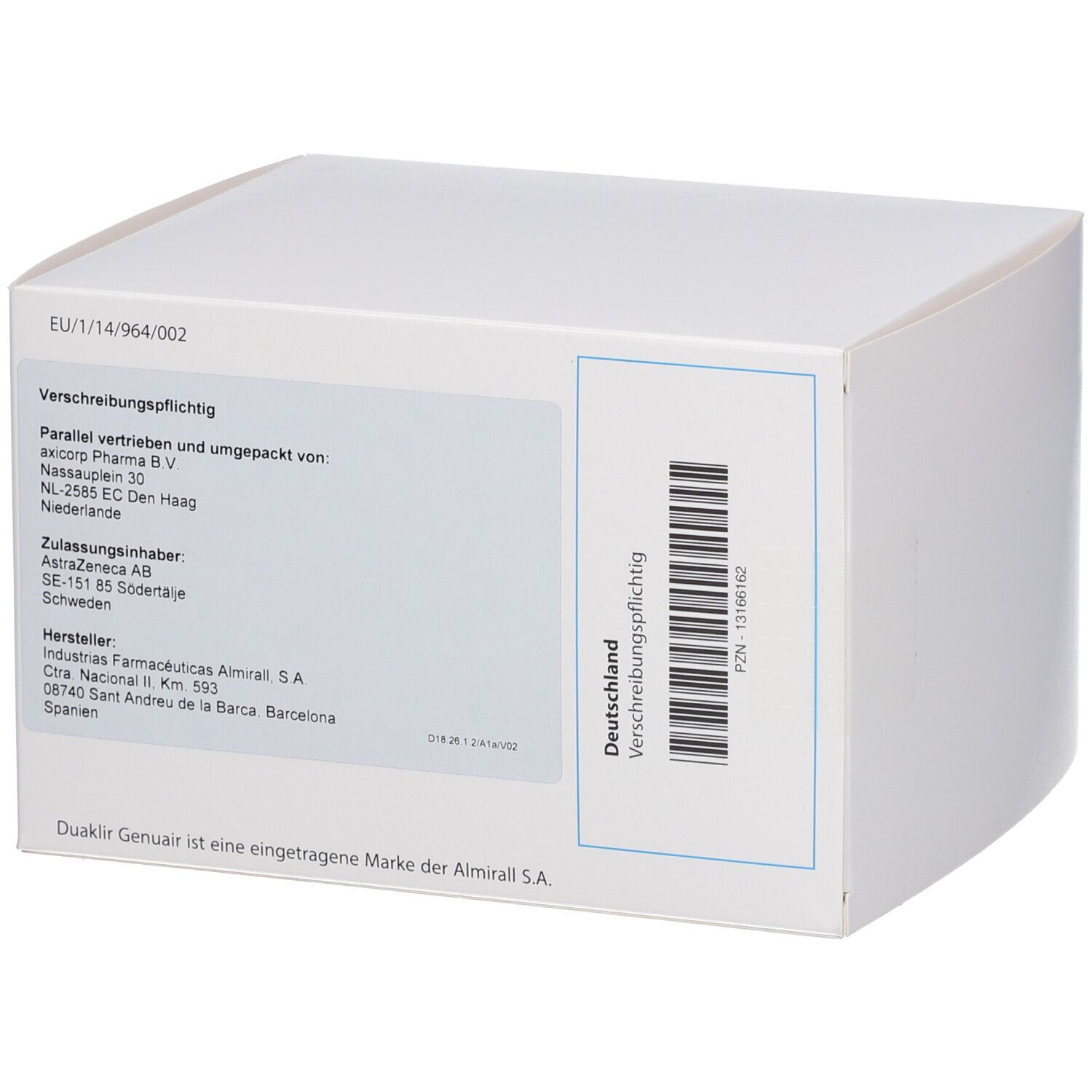 Seitenansicht der Duaklir Genuair Inhalator-Packung mit Zulassungsinformationen und Herstellerdetails.